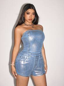 SHEIN ICON Plus Size Ladies Summer Silver Denim Tube Top Fashion Romper - Light Wash - View 6