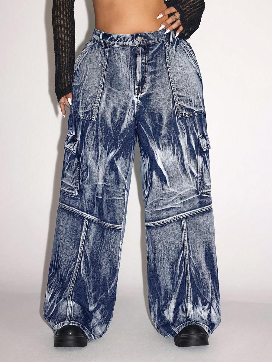 SHEIN ICON 大码金属工艺仿旧牛仔夹克 - 中等水洗藍 - 查看 1
