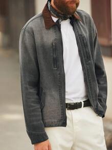 Manfinity Homme Retro American Casual Men's Light Grey Washed Denim Patchwork Collar Loose Jacket Varsity Coat - Light Grey - View 5