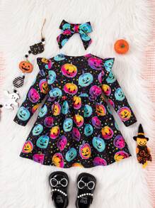 Robe à manches longues avec imprimé citrouille colorée pour bébé fille, pour la fête d'Halloween