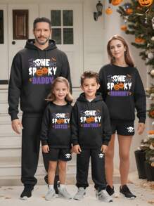 女士休閒萬聖節骷髏頭及口號印花圓領運動衫和短褲套裝