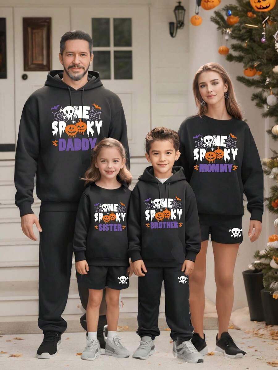 女士休閒萬聖節骷髏頭及口號印花圓領運動衫和短褲套裝