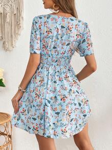 SHEIN VCAY Váy ngắn tay cổ chữ V sâu in hoa thường ngày dành cho nữ - Màu xanh lam - Xem 2