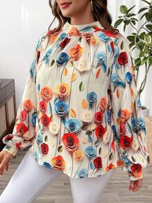 Flirla Plus Size Mock Neck Tie Back Floral Print Lantern Sleeve Blouse - Multicolor - View 5