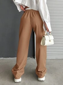EURMUSE Women Contrast Color Waist Tie Straight Loose Casual Versatile Trousers - Coffee Brown - View 2