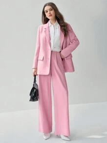 Enchnt Women's Romantic Fall Holiday Pink Pleated Pocket Wide Leg Loose Casual Pants