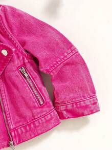 SHEIN Young Girls' Motorcycle Style Outerwear Denim Jacket - Hot Pink - View 3