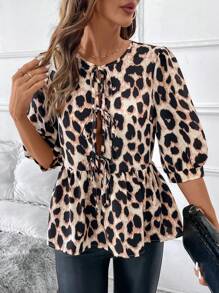 SHEIN Clasi Women Leopard Print Ruffle Hem Round Neck Casual Winter Fall Women Clothes Thanksgiving Halloween Women Homecoming Work Clothes Date Night Shirt - Brown - View 9