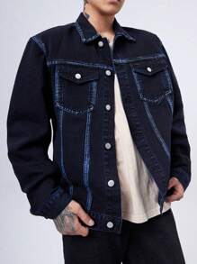 Manfinity Hypemode Y2K Vintage Streetwear Men's Washed Black & Blue Stitching Denim Jacket - Black - View 3