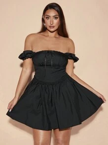 SHEIN BAE Modern Corsets For Plus Size Women Penelope Preto Summer Sweet Date One-Shoulder Puff Mini Dress - Black - View 1