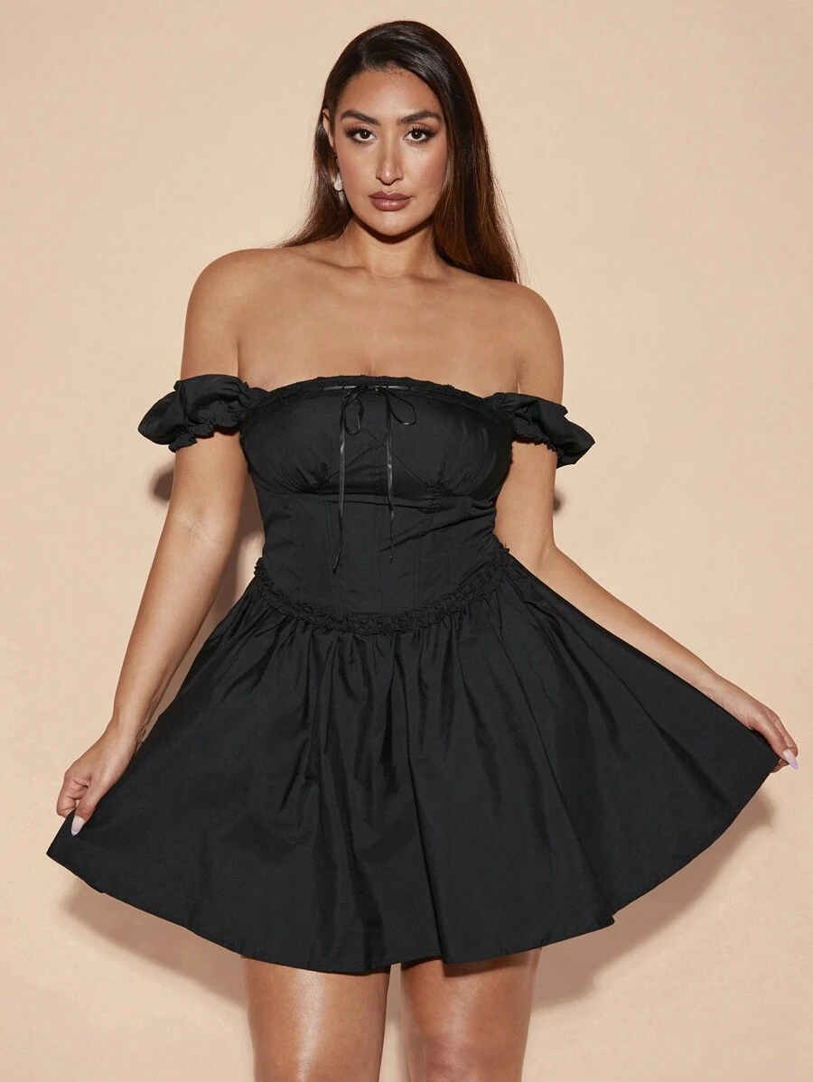 SHEIN BAE Modern Corsets For Plus Size Women Penelope Preto Summer Sweet Date One-Shoulder Puff Mini Dress - Black - View 1