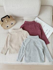 SHEIN 3 stks/set babymeisjes effen kleur gebreid shirt met hoge kraag en lange mouwen