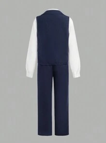 3pcs Tween Boy Casual School Style Bow Tie Shirt, Vest And Long Pants Gentleman Outfit, Suitable For Party, Birthday, Graduation, Commute, School And Daily Casual Wear In Autumn/Winter - Blue - View 12