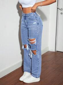 Women's Pocket Distressed Straight Loose Casual Versatile Jeans - Blue - View 5