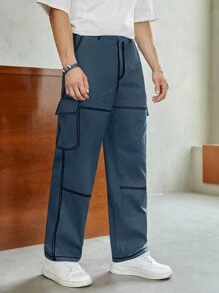 SHEIN Teenboys' Casual Versatile Cargo Pocket Black Woven Pants With White Stitching Detail - Dusty Blue - View 3