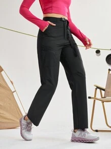 In My Nature Women Letter Printed Pocket Casual Outdoor Pants - Black - View 7