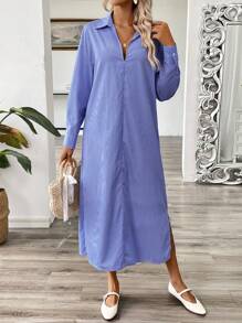 Chiquease Vestito camicia a maniche lunghe casual da vacanze, a righe, con bavero e spacco laterale, morbido e ampio - Blu e Bianco - Visualizzare 3