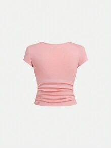 SHEIN Girlism 3 件套青少年女孩 V 领褶皱短袖纯色 T 恤