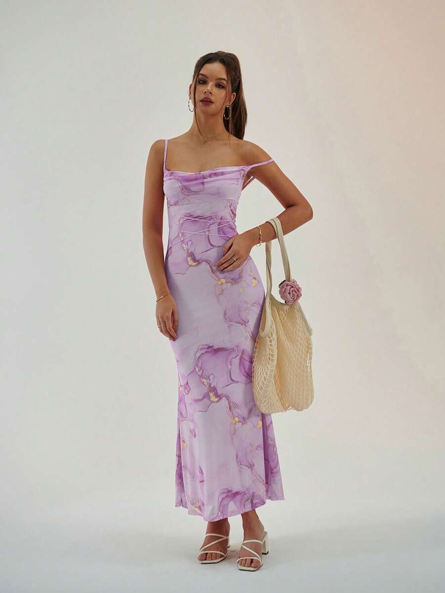 Aloruh 全新优雅粉色大理石印花修身垂坠领美人鱼连衣裙 - 淡紫色 - 查看 1
