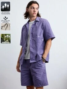 Manfinity VCAY Men's Woven Fashionable Casual Solid Color Loose Fit Short Sleeve Shirt And Shorts Set, Daily Wear.Men Shirts .Men Shorts.Cargo Men Pants.Button Down Shirt,Two-Piece Purple,Sunscreen And Waterproof