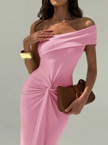 Aloruh Robe moulante à fente haute avec décor torsadé à la taille et épaules dénudées élégante - Rose bonbon - Voir 2