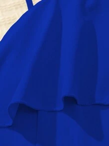 Sparklyn 青少年女孩夏季纯色拼接荷叶边不对称领口宽腿宽松连体裤 - 寶藍色 - 查看 4