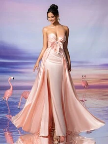 水钻蝴蝶结前系带露背抹胸晚礼服优雅正式舞会婚礼宾客礼服，适合毕业典礼、晚宴 - 粉色 - 查看 9