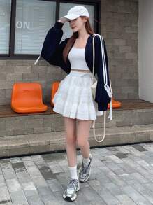 DAZY 女士春秋条纹袖口打结开襟短款上衣 - 藏蓝色 - 查看 6
