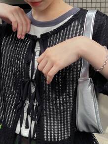 FRIFUL Women Spring And Summer Casual Solid Color Hollow Knit Tops - Black - View 6