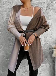 Calvaya Plus Size Women's Contrast Color Simple Casual Hooded Cardigan - Coffee Brown - View 3