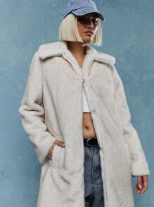 MISSGUIDED Lapel Collar Fluffy Long Coat With Pockets Winter Wear - Beige - View 3