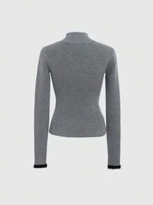 DAZY Women's Contrast Color Patchwork Hollow Out Turtleneck Sweater,Long Sleeve Tops,Fall Clothes - Grey - View 9