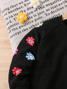 SHEIN LMoss Kids 年轻女孩针织心形印花圆领长袖运动衫，运动街头风格，返校装，日常穿着 - 彩色 - 查看 4