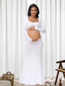 Maternity Fitted Backless Dress, Maternity Hollow Square Neck Long Dress, Suitable For Photography, Baby Shower Parties, Long Sleeve Design - White - View 3