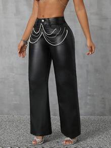 Pantalones casuales sencillos con decoración de cadena de unicolor para mujer