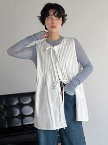 FRIFUL Women Summer Solid Color Front Tie Pleated Sleeveless Loose Shirt - White - View 3