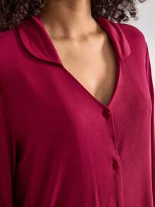 Ocili Conjunto de ropa de estar en casa de mujer de un solo pecho de unicolor con manga larga y pantalones holgados, conjunto de ropa cómoda para temporada de vacaciones, ropa de otoño e invierno - Burdeos - Ver 3