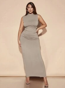 SHEIN BAE 大码女士优雅约会内衣百搭百搭纯色弹力针织轻便开衫搭配高领无袖背心褶皱长裙两件套 - 卡其色 - 查看 4