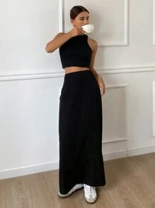 Livesso Falda negra ajustada con abertura larga de unicolor para mujer, ropa de otoño