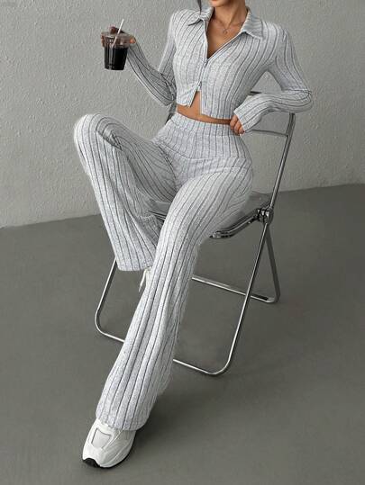  SHEIN EZwear Autumn Zippered Ribbed Knit Cropped T-Shirt And Flared Pants Two-Piece Set