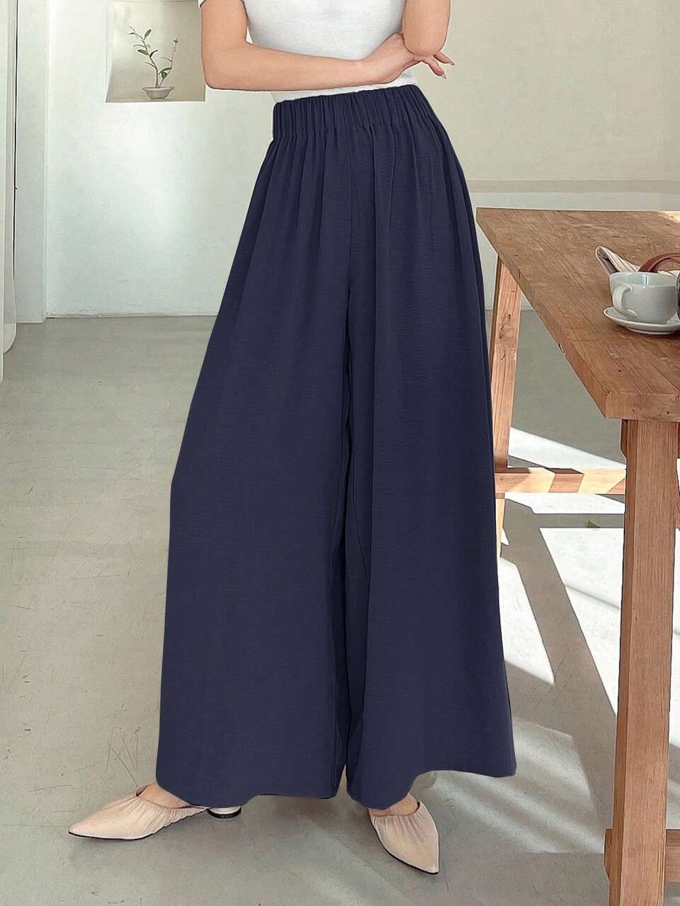 Loose Textured Waist Wide Leg Long Pants For Women,Fall Clothes