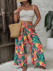 SHEIN VCAY Pantalones palazzo anchos informales de talla grande con estampado tropical - Multicolor - Ver 5