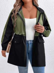 SHEIN LUNE Plus Size Military Green Patchwork Outdoor Casual Cinched Waist Fashionable Jacket Winter Fall Autumn - Multicolor - View 1