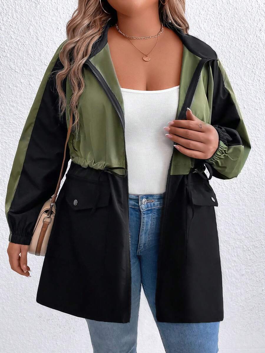 SHEIN LUNE Plus Size Military Green Patchwork Outdoor Casual Cinched Waist Fashionable Jacket Winter Fall Autumn - Multicolor - View 1
