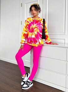 SHEIN Leap Crew 2 件青少年女孩扎染宽松运动衫和紧身裤休闲装 - 彩色 - 查看 1