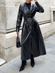 EURMUSE Lapel Neck Belted PU Leather Coar - Black - View 4