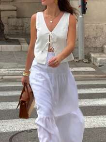INAWLY Women Solid Color Sleeveless Front Tie Simple Tops Daily Casual