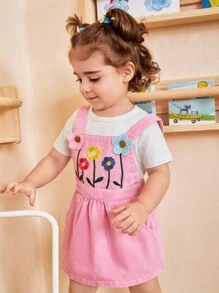 SHEIN 1 pièce Ensemble de robe à bretelles et jupe avec décor de fleurs 3D brodées pour bébé fille - Rose bonbon - Voir 4