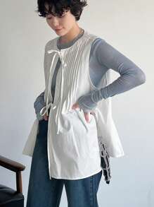 FRIFUL Women Summer Solid Color Front Tie Pleated Sleeveless Loose Shirt - White - View 4