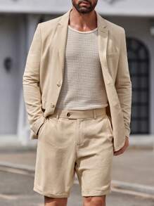 Manfinity VCAY Men's 2pcs Woven Leisure Suit, Short Fitted Blazer And Straight-Leg Trousers, Spring/Summer - Khaki - View 1